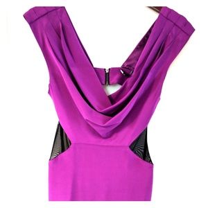 BEBE Purple silk w/ black mesh cut-out mini dress